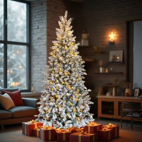 7 FT Snow Flocked Pre-lit Artificial Pencil Christmas Tree, Hinged Xmas Pine Tree with 1100 Branch Tips and 400 Lights for Holiday Party Office H