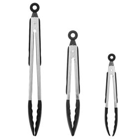 3Pcs Kitchen Tongs Stainless Steel Locking Food Tongs With Silicon Tips BPA Free Non-Stick BBQ Cooking Grilling Locking Food Tongs (Color: Silver)