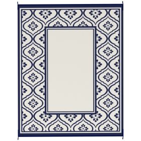 Reversible Outdoor Rug, Waterproof Plastic Straw With Carry Bag, 8 X 10, Blue & White Gourd Border (Color: Blue)