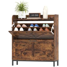 Shoe Cabinet Organizer With 2 Flip Drawers, Legs, Narrow Shoe Storage Cabinet For Entryway, Hallway, Rustic Brown (Color: Brown)